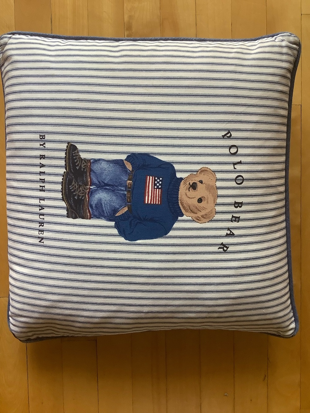 Vintage Polo by Ralph Lauren Striped Bear Accent Pillow in Blue and Cream